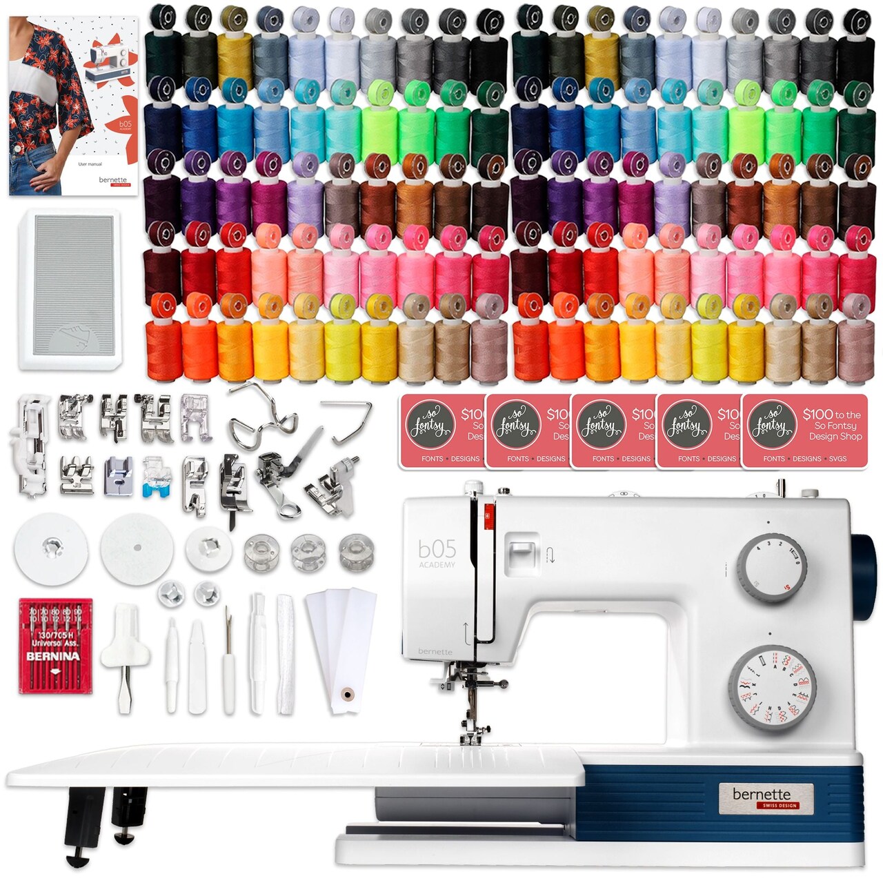 Bernette B05 Academy Sewing Machine with 100 Thread Spools & Matching Bobbins